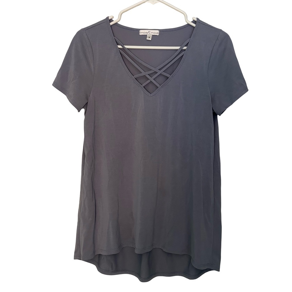 Moa Moa slate blue Short Sleeve Top with Crisscross Neckline